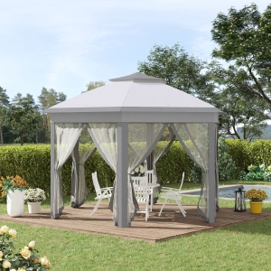 Outsunny Double Roof Hexagon Patio Gazebo Outdoor Instant Shelter Garden Shelter with Netting Grey