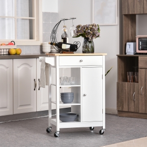 HOMCOM Kitchen Storage Trolley Cart Unit with Wood Top 3 Shelves Cupboard Drawer Rail 4 Wheels Handles Moving Shelf Handy Space saver, White