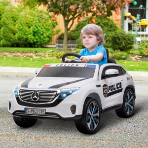 Aosom Compatible 12V Battery-powered Kids Electric Ride On Car Benz EQC Police Car Toy with Parental Remote Control Music Lights Bluetooth Suspension Wheels for 3-5 Years Old White