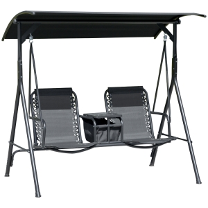 Outsunny 2 Person Porch Swing with Canopy, Covered Patio Swing with Pivot Storage Table, Cup Holder, & Adjustable Overhead Canopy, Black