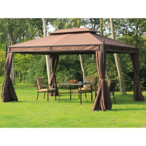Outsunny 10x13ft Garden Gazebo Double-Tiered with Curtain Outdoor Shelter Backyard Canopy, Coffee