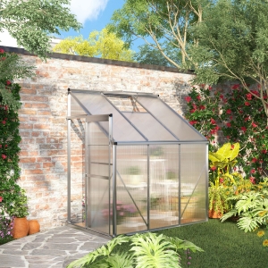 Outsunny 6' x 4' x 7' Lean-to Greenhouse Walk-in Garden Aluminum Polycarbonate with Roof Vent for Plants Herbs Vegetables, Silver