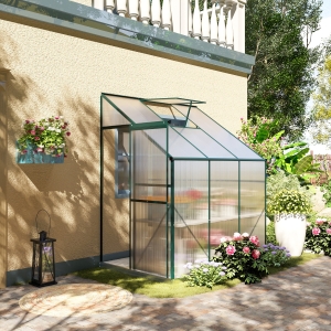 Outsunny 6' x 4' x 7' Lean-to Greenhouse Walk-in Garden Aluminum Polycarbonate with Roof Vent for Plants Herbs Vegetables, Green
