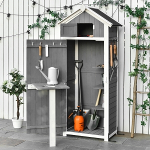 Outsunny 30.75"x 20.75"x71.75" Garden Wood Storage Shed with Workstation Multifunction Lockable Sheds and Outdoor Storage, Grey