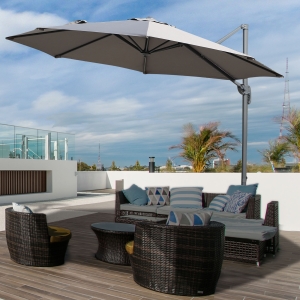 Outsunny Φ9.6' Round Patio Hanging Offset Umbrella Outdoor Cantilever Crank Market Parasol Garden Sun Canopy Shelter 360° Rotation, Grey
