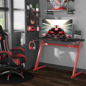 HOMCOM 48" Gaming Desk, Home Office Computer Writing Table with Large Workstation, Cup Holder, Headphone Rack, Gamepad Holder, Black and Red
