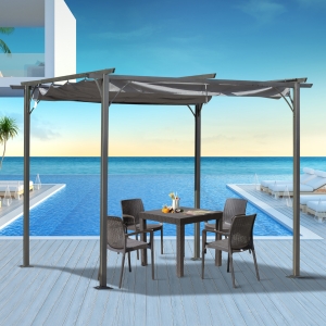Outsunny 10' Outdoor Pergola Gazebo Garden Retractable Sun Shade Deck Lawn Covered Modern Square Canopy Backyard Patio BBQ Shelter Grey