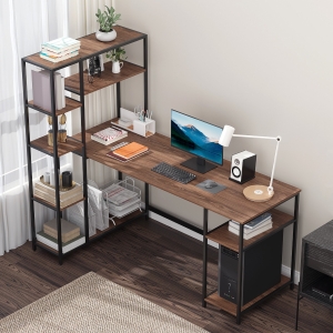 HOMCOM Industrial Computer Desk with Display Storage Shelves, CPU Stand, PC Study Table Computer Workstation, Brown Wood Grain