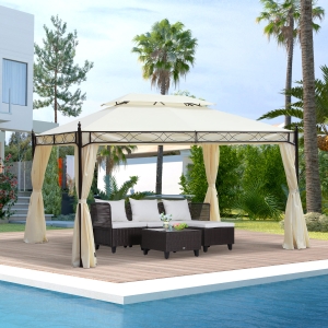 Outsunny 10x13ft Garden Gazebo Double-Tiered with Curtain Outdoor Shelter Backyard Canopy, Cream White