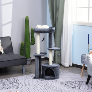 PawHut Cat Tree Cat Funiture Tower Multi-Level 1 Condo 1 Perch Sisal-Covered Scratching Post, Climbing Activity Stable Toys, Included Simply Style Height 39", Grey