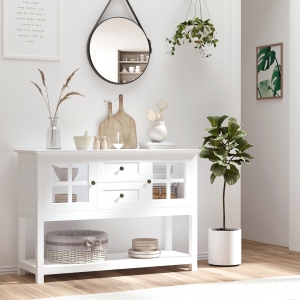 HOMCOM Kitchen Sideboard Serving Buffet Storage Cabinet Cupboard with Adjustable Shelves, Glass Doors, 2 Drawers, for Dining, Living Room, White