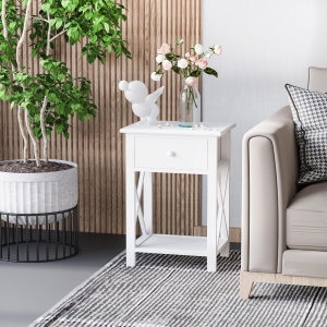 HOMCOM Wooden End Table Bedroom Nightstand Coffee Table Open Cabinet w/ Drawer and Shelf White
