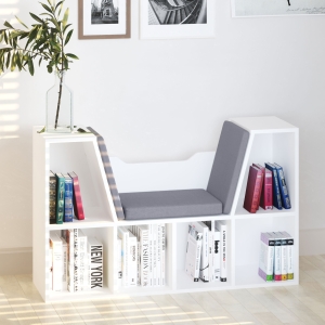 HOMCOM 6-Cubby Kids Bookcase w/ Cushioned Seat Reading Nook Multi-Purpose Storage Organizer Cabinet Shelf Children Bedroom Decor White Grey