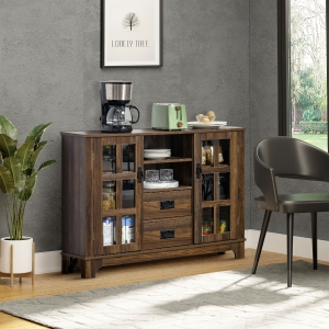 HOMCOM Sideboard Storage Cabinet Kitchen Cupboard Buffet Server with Glass Doors, 2 Drawers & Adjustable Shleves for Living Room, Walnut