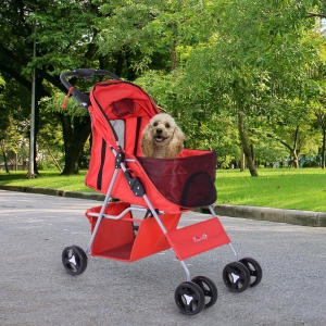 PawHut Pet Stroller Foldable Carrier for Cat, Dog and More 4 Wheels Travel Jogger with Cup Holder, Storage Basket, 360 ° swiveling front wheels, One Push Button- Fold, Red