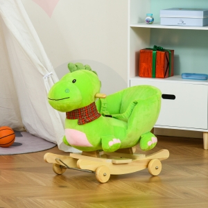 Qaba Rolling Rocking Rider 2-in-1 Kid Ride on Wheeled Plush Dinosaur Toy w/ Music