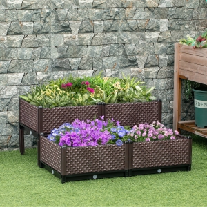 Outsunny Set of 4 Garden Raised Bed, Elevated Planter Box, Flower Vegetables Planting Container with Self-Watering Design and Drainage Holes