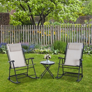 Outsunny 3 Piece Outdoor Rocking Chair Patio Table Seating Set Rocker Bistro Sling Mesh Lounger Coffee Desk, Cream White
