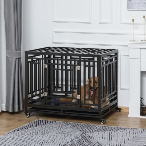 PawHut 45" Heavy Duty Steel Dog Crate Kennel Pet Cage with Wheels for Portability & 1 Doors for Convenient Access Anti-Pinching Floor, Black