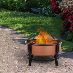 Outsunny Copper-Colored Round Basin Fire Pit Bowl with Organic Black Base, a Wood Poker, & Mesh Screen for Embers