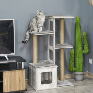 PawHut 45" Deluxe Plush Cat Tree Tower Activity Center Climbing Frame Kitten Play House with Jute Scratching Posts Condo Perch Cushion Grey