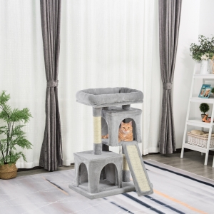 PawHut Plush Cat Tree Tower w/ Sisal Scratching Post Board Perch Condo Light Grey