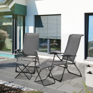 Outsunny 2pcs Outdoor Sun Lounger with Footrest, Adjustable Folding Steel Chaise Reclining Lounge Chair with Storage Pocket, Black Grey