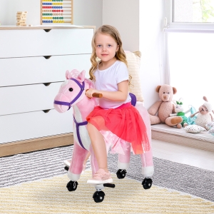 Qaba Kids Walking Pony Ride on Toy Rocking Horse Neigh Sound Plush w/ Wheel Child Gift 110lb Weight Capacity Pink