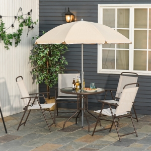 Outsunny 6PC Outdoor Patio Umbrella Set Garden Bistro Yard Furniture Dining Table Folding Chairs Steel, Cream White