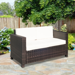 Outsunny Deluxe 2 Seat Rattan Wicker Sofa Garden Cushioned Loveseat Outdoor Patio Furniture Brown