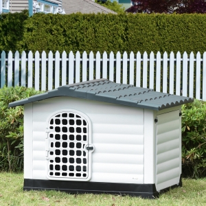 PawHut Plastic Dog Kennel House Puppy Indoor & Outdoor Pet Shelter with Raised Base Window Door for Medium Sized Dogs Grey and White