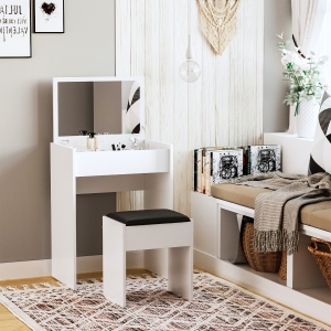 HOMCOM Mirrored Vanity Set Dressing Table and Stool Set Makeup Desk with Flip Top Bedroom Furniture White