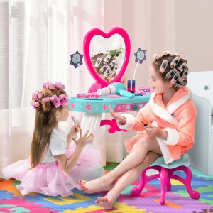 Qaba 33 Pcs Kids Vanity Dressing Table Princess Pretend Play Glamour Makeup Set Realistic w/ Stool for 3 Years Old Lake Blue+White