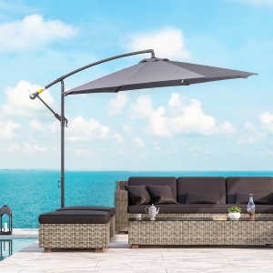 Outsunny 10ft Garden Parasol Sun Shade Patio Banana Hanging Rattan Set Umbrella Cantilever Grey