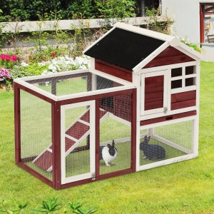 PawHut 48"x25”x36” Wooden Rabbit Hutch Backyard Bunny Cage Small Animal House w/ Ladder and Outdoor Run