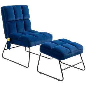 HOMCOM Accent Chair with Ottoman, Velvet Club Chair with Vibration Massage, Remote Control and Metal Legs, Blue