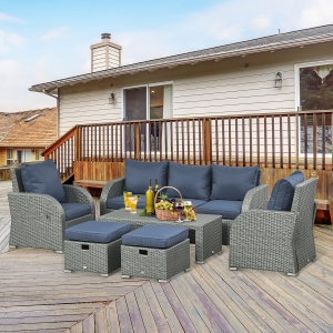 Outsunny 6pc Wicker Sectional Set Cushioned Outdoor Rattan 3-Seat Sofa 2 Adjustable Recliners 2 Footstools & Table Set Patio Furniture Dark Blue