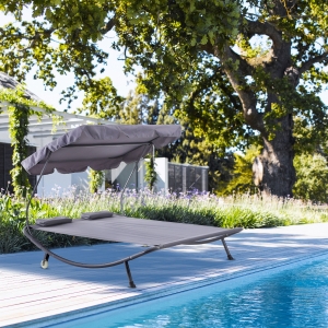 Outsunny Double Chaise Outdoor Lounge Hammock Bed with Canopy and Headrest Pillow