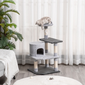 PawHut 39" Cat Scratching Tree Kitten Condo Playhouse Kitty Activity Center Rest Post Top Perch with Hanging Toy Grey
