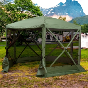 Outsunny 12' x 12' Hexagon Automatic Pop Up Screen Tents Camping Shelter Picnic Canopy with Mesh Sidewalls and Carry Bag, Green