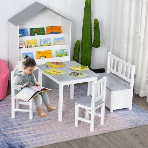 Qaba 4-Piece Set Kids Wood Table Chair Bench with Storage Function Gift for Toddlers