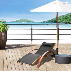 Outsunny Outdoor Wood Chaise Lounge Chair Recliner Patio Camping with Headrest, Teak & Black