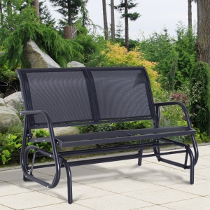 Outsunny Patio Double Glider Bench Swing Chair Rocker Heavy-Duty Loveseat Outdoor Garden Rocking Bench Steel Frame Sling Fabric Seat Black