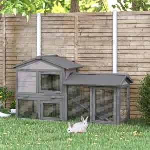 PawHut Wood Rabbit Hutch Backyard Bunny Cage Small Animal House Asphalt Roof w/ Ramp and Outdoor Run Grey