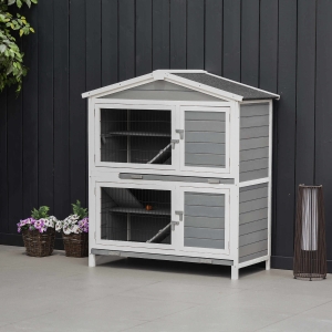 PawHut 47" 2-Floor Large Rabbit Hutch Wooden Pet House Multi-door Bunny Cage Small Animal Habitat with 3 Ramps Lockable Doors Run Area Asphalt Roof for Outdoor Use