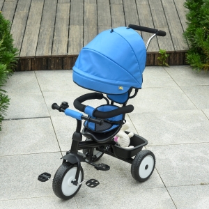 Qaba Multi-Function Baby Tricycle 4 In 1 Stroller/ Kid Trike with Parent Push Handle Adjustable Canopy Detachable Guardrail Safety Belt Foldable Footrest Storage Basket for Age 6-60 Months Blue