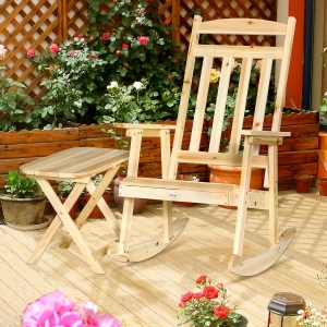 Outsunny Wooden Rocking Chair Set, 2-Piece Outdoor Porch Rocker with Foldable Table for Patio, Backyard and Garden, Natural