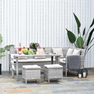 Outsunny 5-Piece Patio PE Rattan Dining Set, Modern Outdoor Wicker Conversation Furniture Sets w/ Wood Grain Plastic Table Top & Padded Cushions, Beige