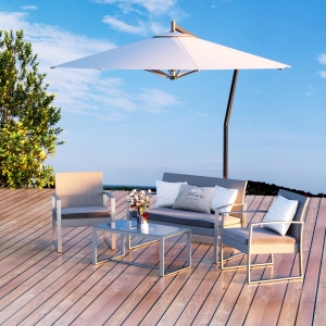 Outsunny 4 PCs PE Rattan Wicker Sofa Set Outdoor Conservatory Furniture Lawn Patio Coffee Table w/ Cushion, Grey