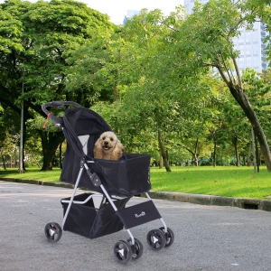 PawHut Pet Stroller Foldable Carrier for Cat, Dog and More 4 Wheels Travel Jogger with Cup Holder, Storage Basket, 360 ° swiveling front wheels, One Push Button- Fold, Black